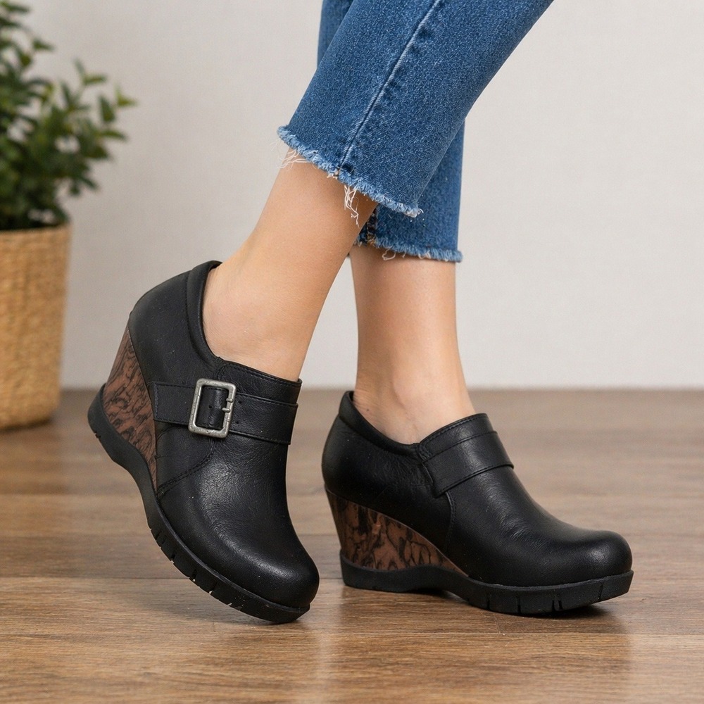 Sanita Danish Design Leather Mary Jane Clogs Wood Grain Wedge Women EU 39 US 8.5